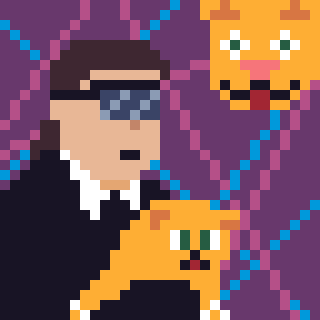 Pixel art of a man holding a orange cat